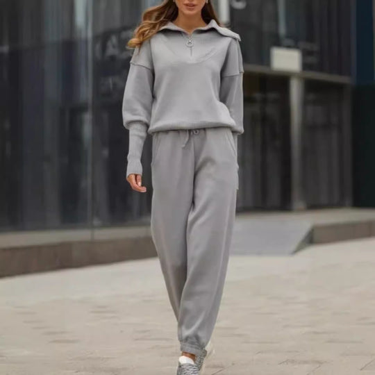 Women's Long Sleeve Zipper Lapel Jumpsuit with Drawstring Pants