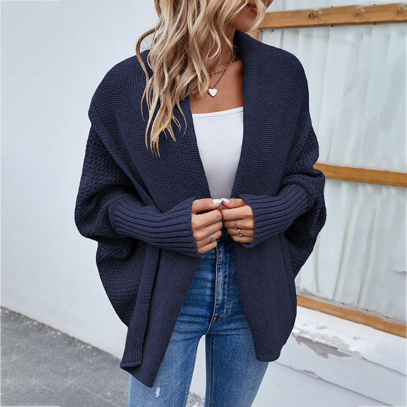 Women’s Autumn/Winter Loose-Fit Solid Knit Cardigan – Batwing Sleeves & Wide Lapel