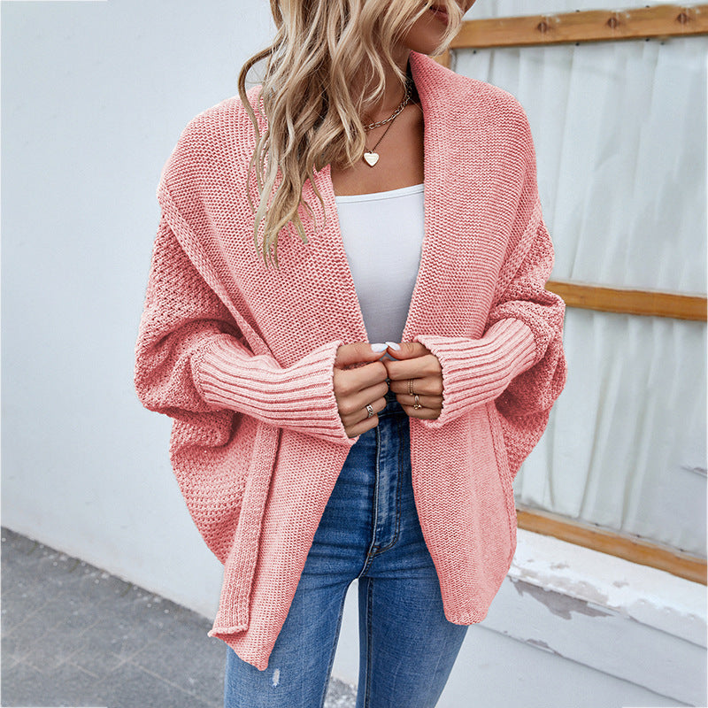 Women’s Autumn/Winter Loose-Fit Solid Knit Cardigan – Batwing Sleeves & Wide Lapel