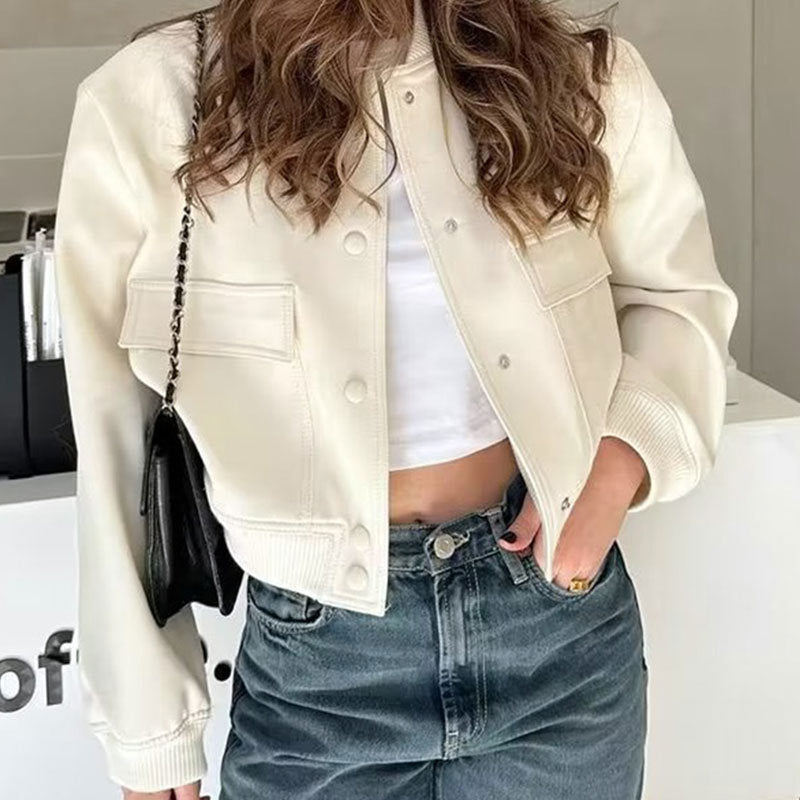 Women’s Casual Short Jacket with Big Pockets and Button-Up Stand Collar