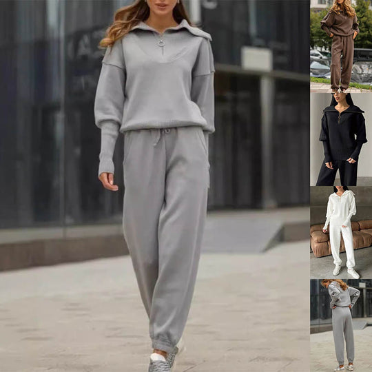 Women's Long Sleeve Zipper Lapel Jumpsuit with Drawstring Pants
