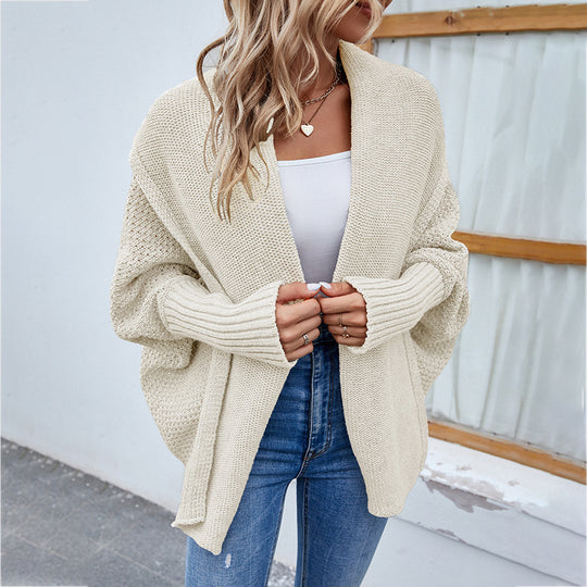 Women’s Autumn/Winter Loose-Fit Solid Knit Cardigan – Batwing Sleeves & Wide Lapel