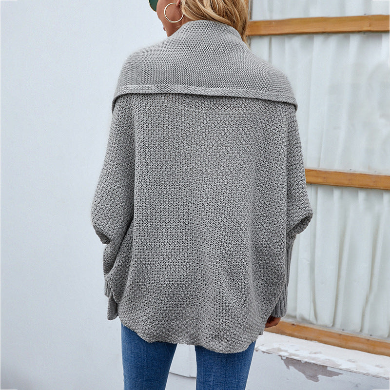 Women’s Autumn/Winter Loose-Fit Solid Knit Cardigan – Batwing Sleeves & Wide Lapel