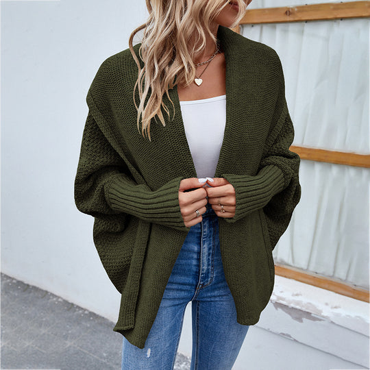 Women’s Autumn/Winter Loose-Fit Solid Knit Cardigan – Batwing Sleeves & Wide Lapel