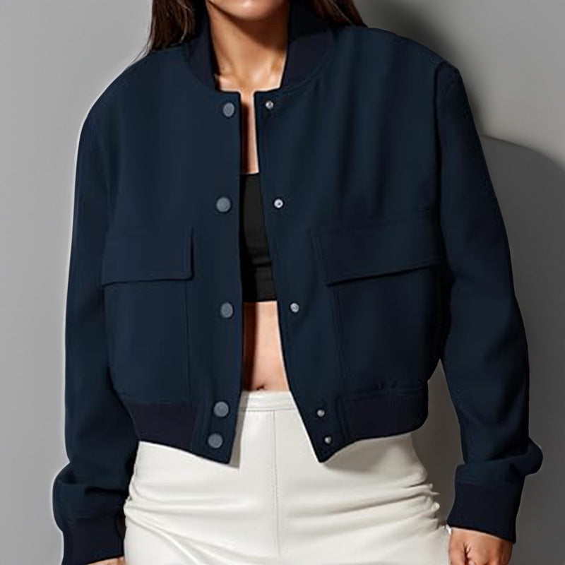 Women’s Casual Short Jacket with Big Pockets and Button-Up Stand Collar