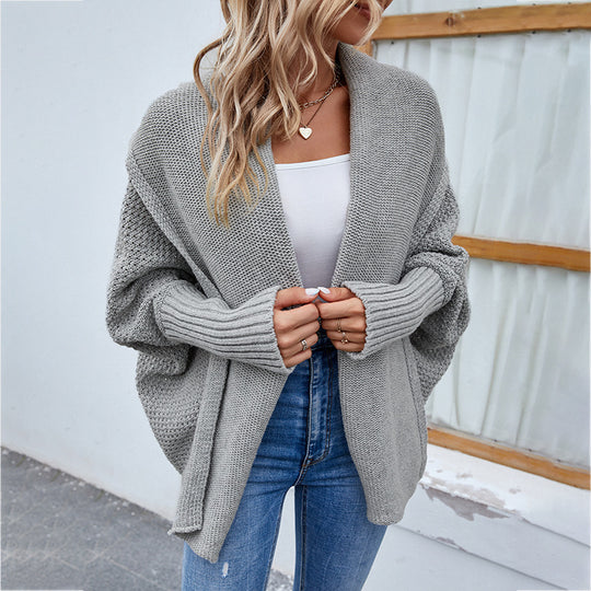 Women’s Autumn/Winter Loose-Fit Solid Knit Cardigan – Batwing Sleeves & Wide Lapel