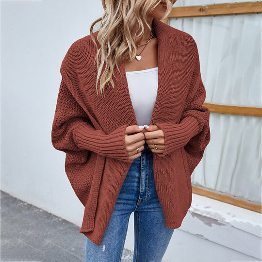 Women’s Autumn/Winter Loose-Fit Solid Knit Cardigan – Batwing Sleeves & Wide Lapel