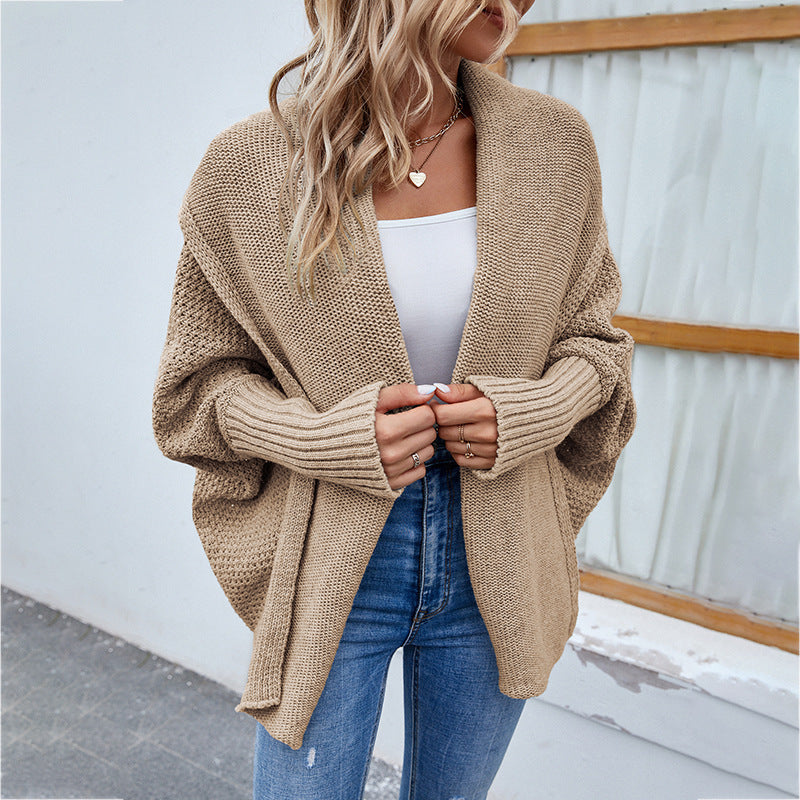 Women’s Autumn/Winter Loose-Fit Solid Knit Cardigan – Batwing Sleeves & Wide Lapel
