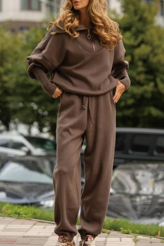 Women's Long Sleeve Zipper Lapel Jumpsuit with Drawstring Pants