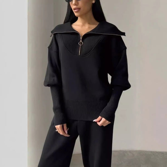 Women's Long Sleeve Zipper Lapel Jumpsuit with Drawstring Pants