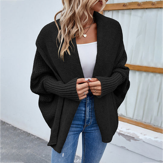 Women’s Autumn/Winter Loose-Fit Solid Knit Cardigan – Batwing Sleeves & Wide Lapel